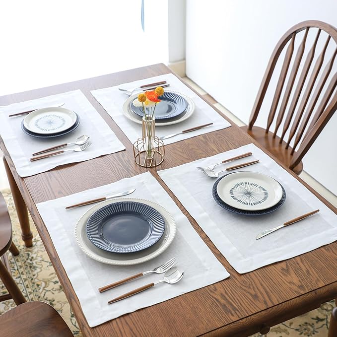Simple&Opulence Linen Placemats Set of 4 – Hemstitched Dinner Cloth Placemats for Wedding,Party,Mothers Day,Easter – Machine Washable and Reusable 14"×19" White