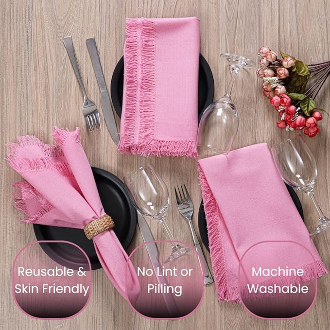 Cloth Dinner Napkins Fringes 100% Cotton Set of 6 - Perfect for Dining Special Occasions Wedding Holidays Christmas - Soft Durable Washable - Elegant 20x20 Inch Cloth Napkins Baby Pink