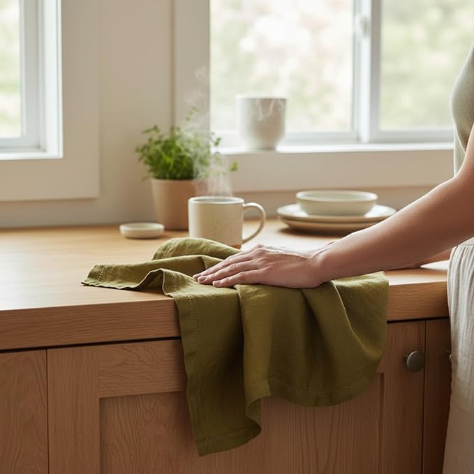 Linen Kitchen Dish Towels – 20” x 27” – 100% Pure Stonewashed Linen Hemstitch Hand Towel/Tea Towel - Set of 2 (Olive Green)