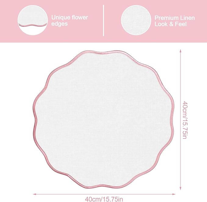 Set of 6 Scallop Linen Placemats, 15 Inch Pink and White Round Placemats Cotton Linen Table Mats Handcrafted Machine Washable Wrinkle Free Dining Placemat for Hotel Restaurant Kitchen