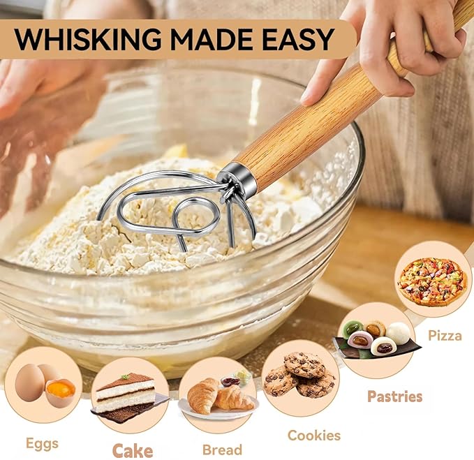 TEEVEA Danish Dough Whisk for Bread Sourdough, Wooden Handle & Stainless Steel Hook