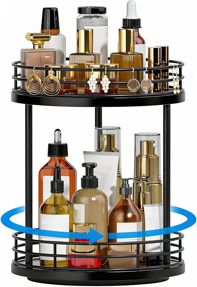 Bathroom Organizer Countertop,2 Tier Rotating Makeup Organizer Countertop for Vanity,Wooden Bathroom Counter Storage Shelf,Lazy Susan Turntable for Perfume,Skincare,Cosmetic (Black)