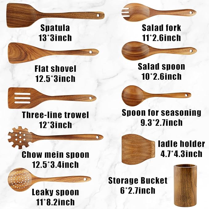 FJNATINH Wooden Spoons for Cooking, 10 Pcs Teak Wooden Cooking Utensil Set with Holder, Wooden Kitchen Utensils Set for Nonstick Pans & Cookware