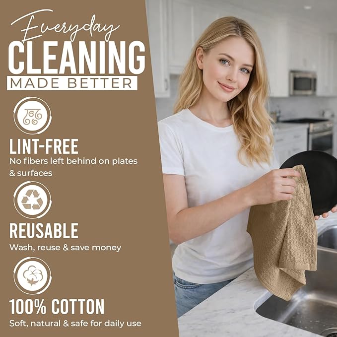 DAN RIVER Premium Dish Cloth 100% Cotton 12 X 12 Inches |Pack of 8|-Ultra Soft Tea Towels-Highly Absorbent Kitchen Rags-Terry Dishcloth for Kitchen and Household Cleaning |Tan|