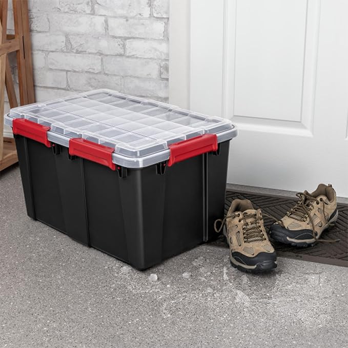 Sterilite 4 Pack Gasket Box, Stackable Plastic 13.5 Gallon Storage Container with Lids, Black - Waterproof and Dustproof Tote for Home Organization