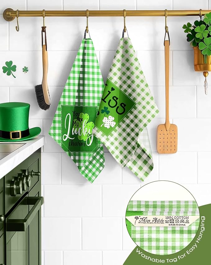 Miss Adola St. Patrick's Day Kitchen Towels Set of 2 - Flour Sack Tea Towels with Hanging Loop 18x26 Inch Green Lucky Charm Hand Dish Cloths Reusable Dishcloths Celebrate Patricks Day Decor