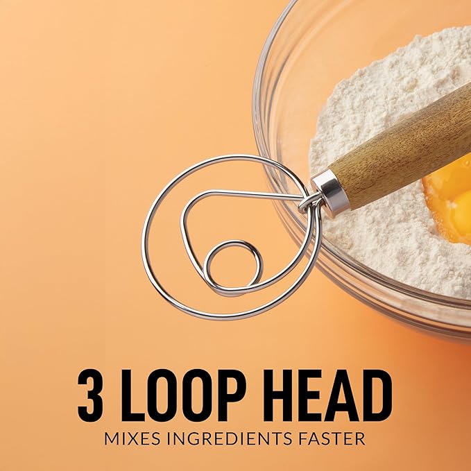 Zulay Kitchen 13-Inch Danish Dough Whisk - Stainless Steel Wooden Whisk with Dough Hook - Sourdough Whisk for Bread, Pizza, Pastry, Cake Batter & More - 2 Pack Acacia