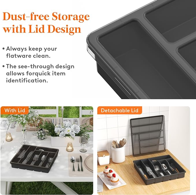 Lifewit Silverware Organizer with Lid, Covered Utensil Tray for Kitchen Drawer and Countertop, Plastic Cutlery and Flatware Storage Box for Spoons Forks Knives Holder Case, 12.6x11.8", Black