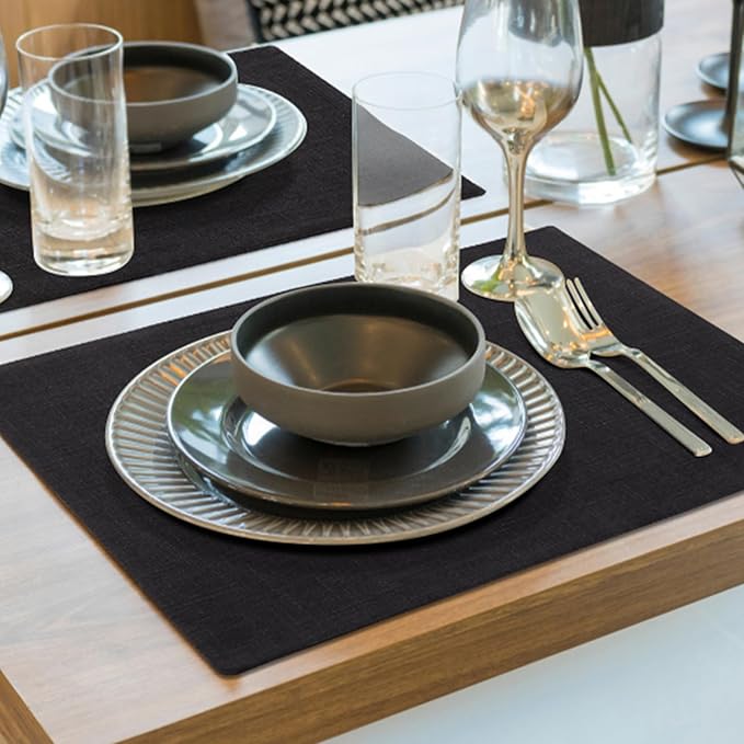 homing Cotton Linen Placemats Set of 8, Cloth Washable Farmhouse Dining Table Mats for Indoors & Outdoors, Easy to Clean, Black, 13 x 19 Inch