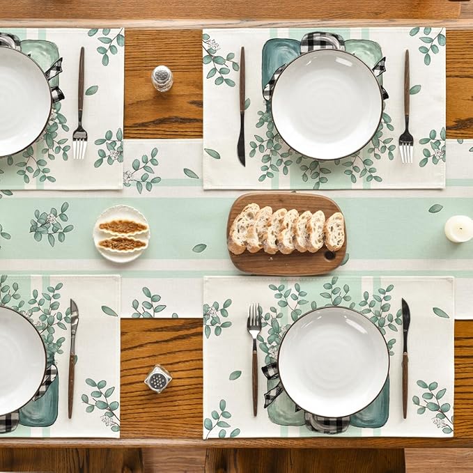 Artoid Mode Eucalyptus Buffalo Plaid Spring Placemats Set of 4, 12x18 Inch Vase Seasonal Table Mats for Party Kitchen Dining Decoration