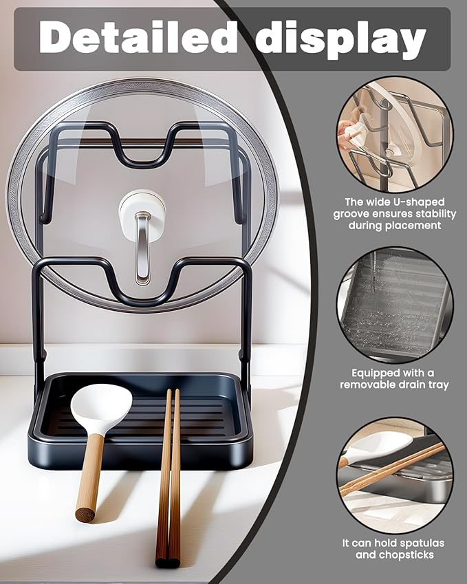 Pot Lid Organizer Holder While Cooking Kitchen Storage Rack Countertop for Inside Cabinet Spoon and Cover Pans Rest with Pan Big Crockpot over the Stove Counter Top Shelf Crock Container