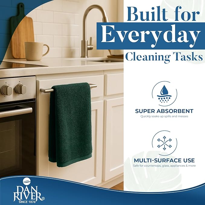 DAN RIVER Kitchen Bar Mops,Pack of 12,16 by 19 Inches,100% Cotton Super Absorbent,Multi-Purpose Cleaning Towels for Home and Kitchen Bars-Huntergreen