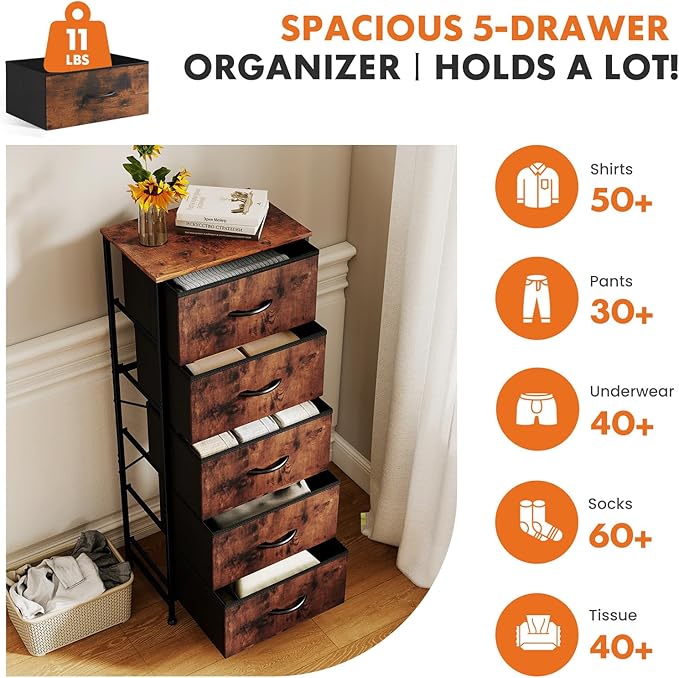 Sweetcrispy 5 Drawer Dresser with Fabric Bins, Sturdy Steel Frame and Wood Top, Storage Organizer Chest for Bedroom, Closet, Hallway, Brown