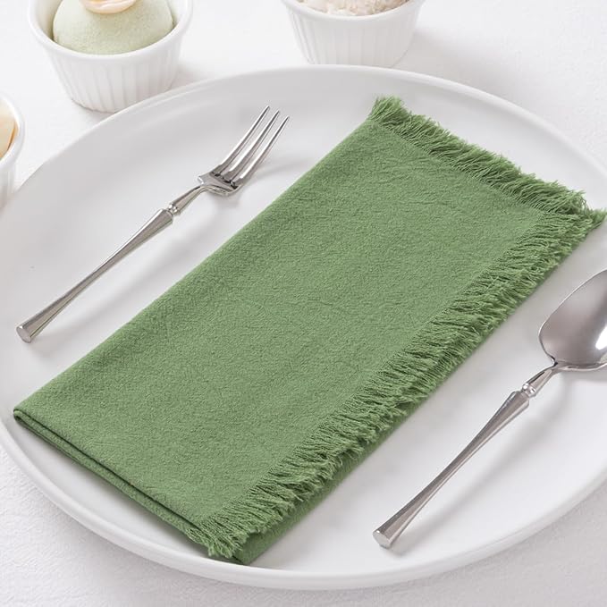 DeZerlor 12 Pack Sage Green Cotton Linen Napkins with Fringe Spring Cloth Napkins Set of 12 Boho Handmade Dinner Napkins Bulk for Wedding Bridal Baby Shower Parties, 17 x 17 Inches