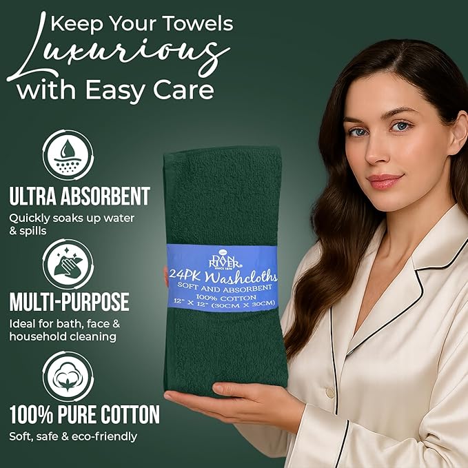 DAN RIVER 24 Pack Wash Cloths for Showering [12x12] - 100% Cotton Washcloths Premium Quality Flannel Face Cloths for Bathroom, Highly Absorbent and Soft Feel Wash Clothes, Huntergreen