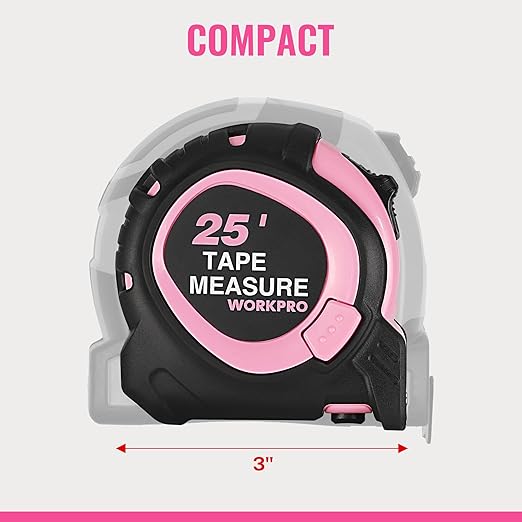 WORKPRO 25-FT Tape Measure with Fractions, 3 Brakes Retractable Measuring Tape, Compact Measurement Tape with Magnetic Hook, Nylon Coating Blade Accuracy 1/32”, Pink