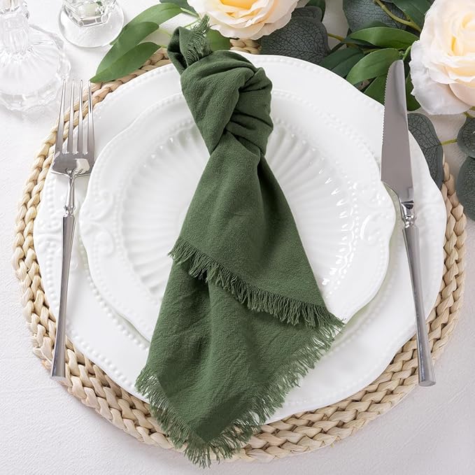 DeZerlor 12 Pack Olive Green Cotton Linen Napkins with Fringe Green Cloth Napkins Set of 12 Boho Handmade Dinner Table Napkins for Wedding Bridal Baby Shower Tea Party, 17 x 17 Inches
