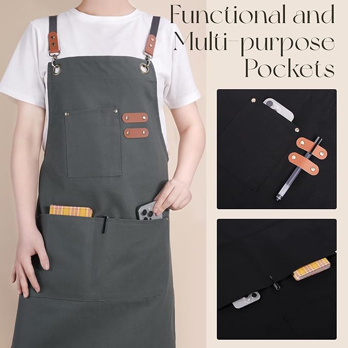 Chef Aprons for Men Women with Large Pockets, Cotton Canvas Water Repellent Kitchen Apron for Cooking