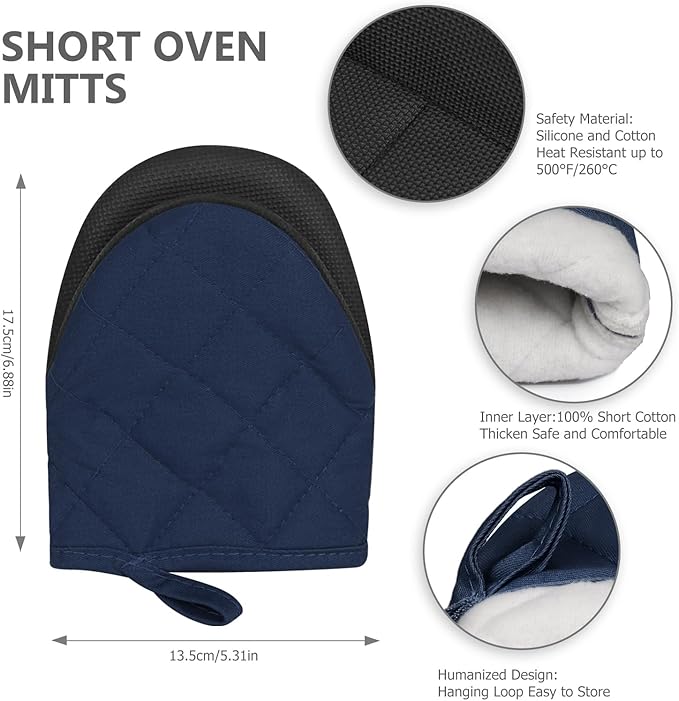 Short Oven Mitts, Heat Resistant 500°F, Silicone Grip Kitchen Gloves, Non-Slip for Baking, Grilling, BBQ, Machine Washable with Hanging Loop, 2-Pack Set, Navy Blue