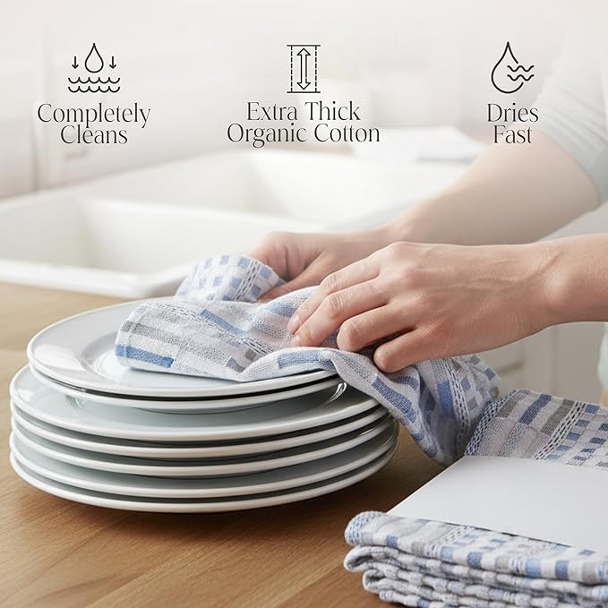 Delilah Home Sea Pines Kitchen Towels - 100% Organic Cotton - Stain-Resistant Multipurpose Dishcloths, Thick & Absorbent Hand Towels for Wiping, Cleaning & Drying Dishes - Sea Blue (4 Pack Set)