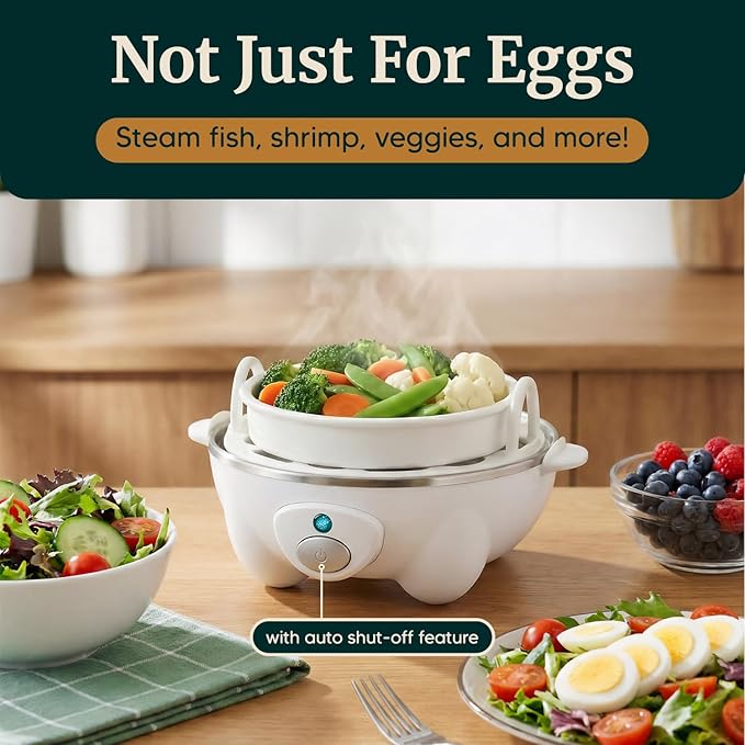 Elite Gourmet EGC-007## Rapid Egg Cooker, 7 Easy-To-Peel, Hard, Medium, Soft Boiled Eggs, Poacher, Omelet Maker, Auto Shut-Off, Alarm, 16-Recipe Booklet, White
