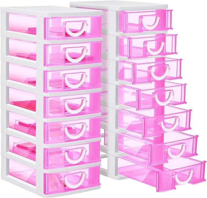 Thyle 2 Pcs Plastic Drawers Organizer Mini Organizer Stackable Plastic Clear Drawer Storage Box Containers Storage Units for Desktop Classroom Craft 6.7 x 4.9 x 13.4 inches(Rose Red)