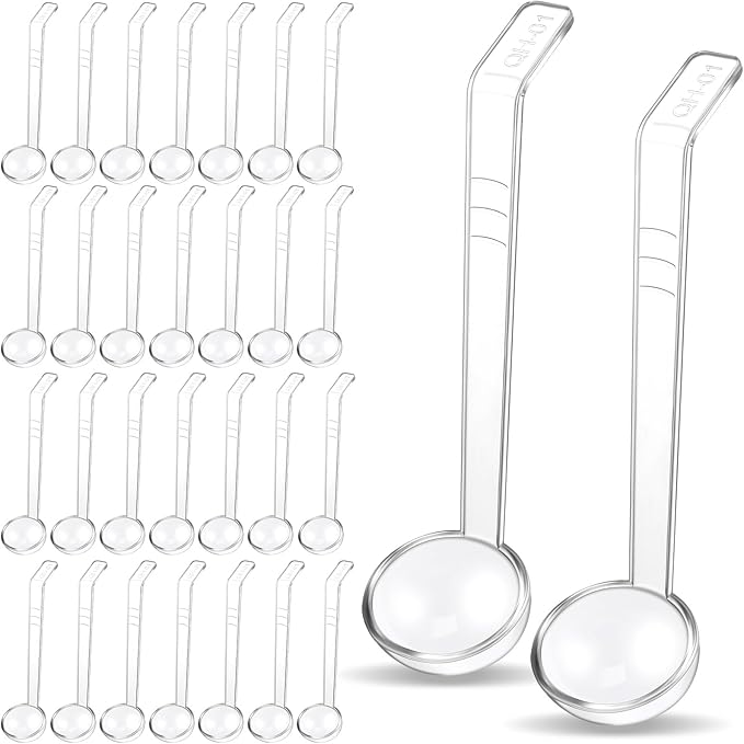 FoldTier 30 Pieces 7 Inches 1 oz Small Ladle Mini Plastic Gravy Ladle Long Handle Ladles for Serving Dressings Soup Punch Bowl Fruit Juices Soup Cocktail Parties (Clear)