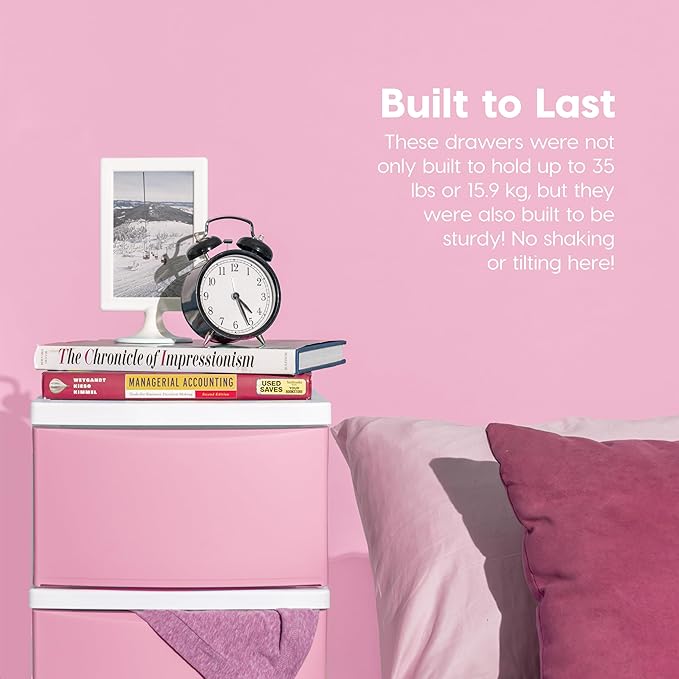 IRIS USA Plastic Drawer Storage Organizer, 4-Drawers, for Classroom Art Supplies Bathroom Dorm Bedroom Laundry Room, Slim Narrow, White Frame with Matte Pink Front Panels