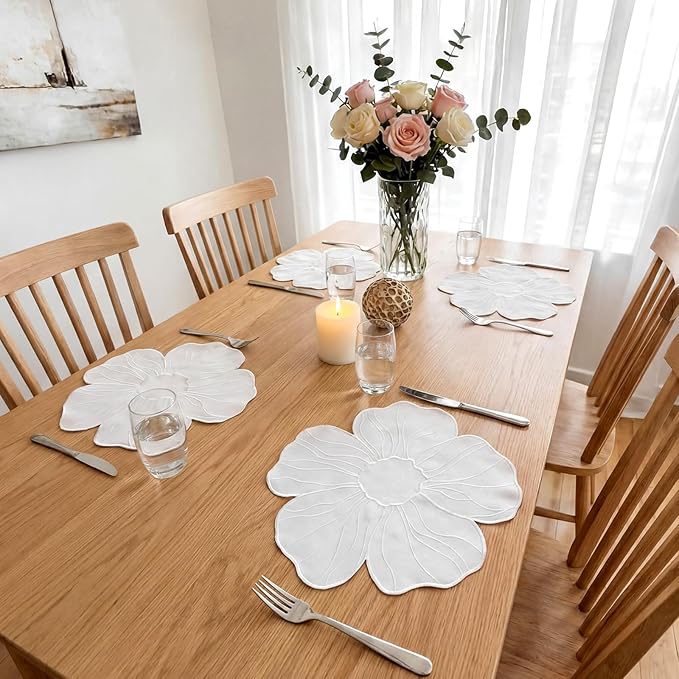 Moukeren Set of 6 Elegant Floral Placemat 16'' Flower Shaped Place Mat Flower Embroidery Table Mat for Wedding Bridal Shower Baby Shower Mother's Day Party Kitchen Dining Table Decor(White)