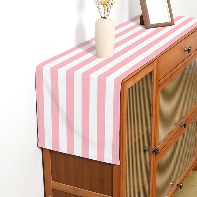 Pink and White Vertical Striped Table Runner Light Pink Birthday Party Decoration Baby Shower Dining Room Home Kitchen Table Decor (Pink, 13" x 72")