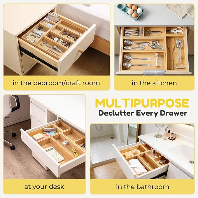 lilLittle Bamboo Drawer Organizer, 3 Pcs Kitchen Drawer Organizer Set, Multi Purpose Utensil Drawer Organizer, Silverware Organizer for Kitchen, Bathroom, Office, Junk Drawers