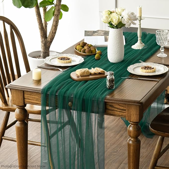 Artoid Mode 6PCS Dark Green Gauze Table Runner 120 Inch 10FT, Seasonal Sheer Kitchen Dining Holiday Wedding Birthday Baby Shower Table Decor for Home Party