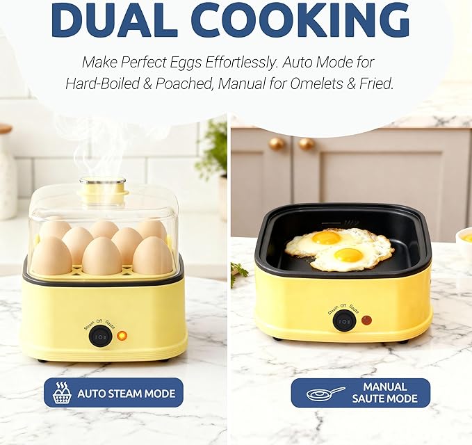 8-in-1 Electric Egg Cooker, Rapid Egg Boiler for Hard, Soft & Poached Eggs, Egg Bite Maker, Auto Shut-Off, 8 Egg Capacity, Breakfast Maker for Meal Prep, Apartment, Office, Dishwasher Safe