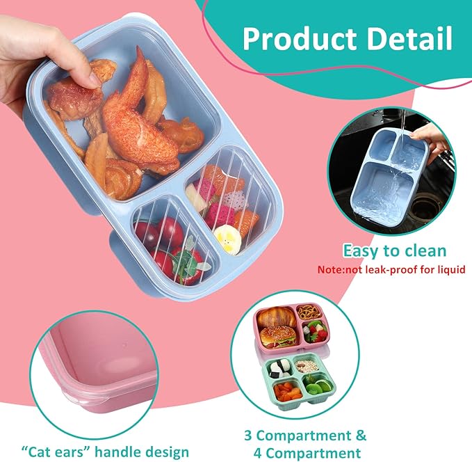 Yaomiao 16 Pack 3 and 4 Compartment Bento Lunch Box Wheat Straw Divided Snack Containers Food Storage Plastic Reusable Meal Prep Container with Transparent Lids for Adults Work Travel, Blue Pink