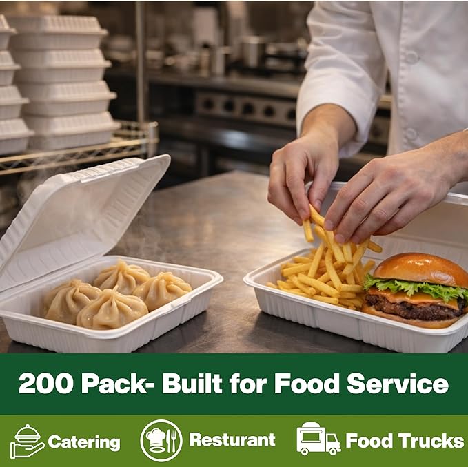 Front Lock MFPP Hinged Container, White 9" x 6" – 1 Compartment Clamshell Disposable Takeout Boxes, Durable Microwaveable To-Go Containers for Restaurant & Food Service – 200 Pack