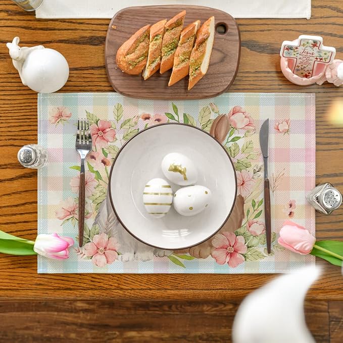 Artoid Mode Bunny Rabbit Flowers Floral Buffalo Plaid Easter Placemats Set of 6, 12x18 Inch Spring Table Mats for Party Kitchen Dining Decoration