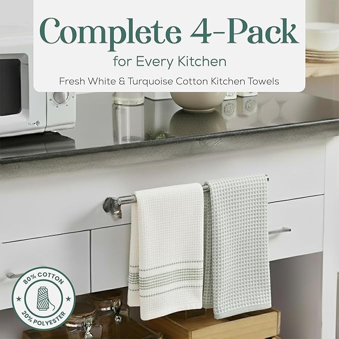 MosJos Kitchen Towels, Cotton Hand Towels White & Turquoise Mini Weaved Stitched Design 4 Pack Absorbent Hand Drying Cloths, 18 x 28 Kitchen Linens