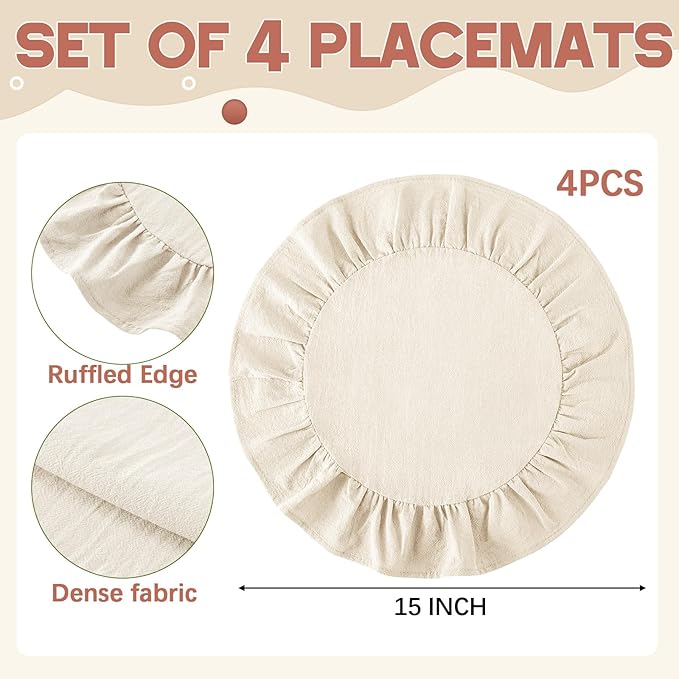 4 Pcs 15 Inch 100% Cotton Scalloped Round Placemats, Thin White Place Mats with Ruffle, Washable Placemats Table Mats for Kitchen Dining Holiday Gatherings Decor