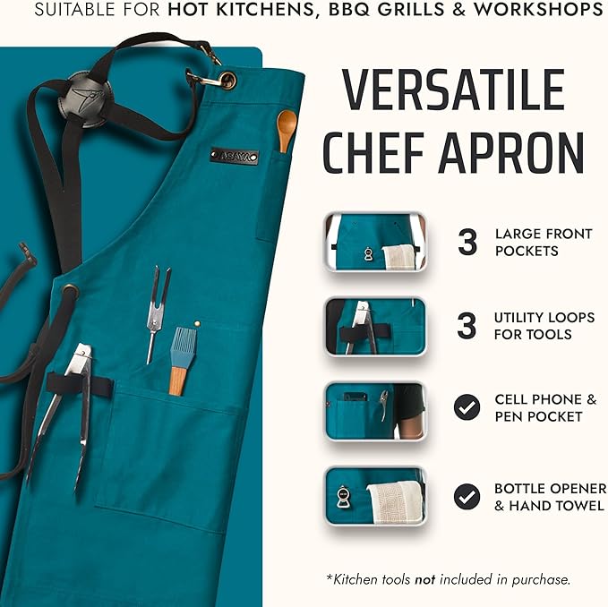 Asaya Chef and BBQ Apron with Bottle Opener and Hand Towel - 10oz Cotton Canvas, Stainless Steel Hardware - Cross Back Straps