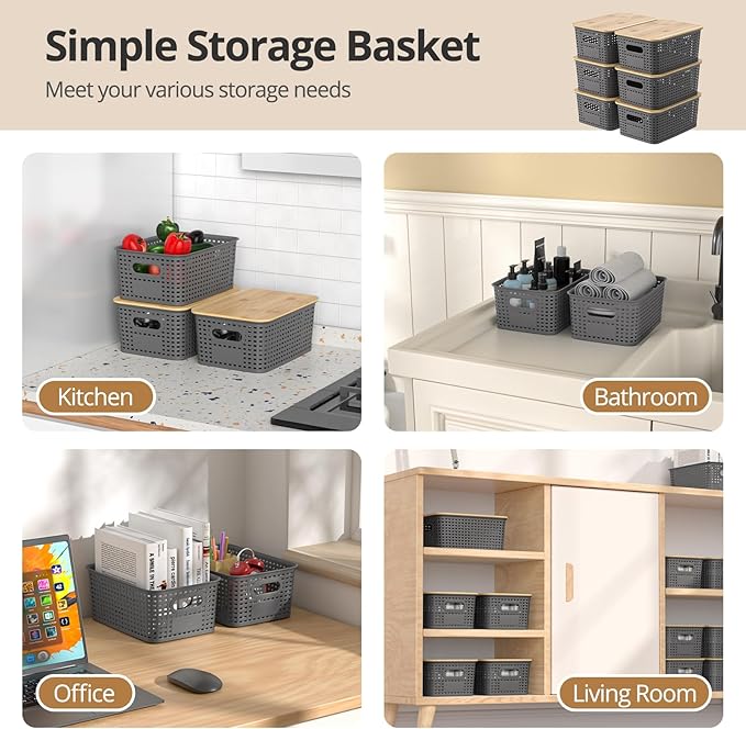Plastic Storage Baskets with Bamboo Lids, Stackable Small Box Bins for Organizing and Containers for Shelves Drawers Desktop Closet Pantry Classroom Office Home, 6 Pack 10.2x7.2x4.1 Inch, Gray