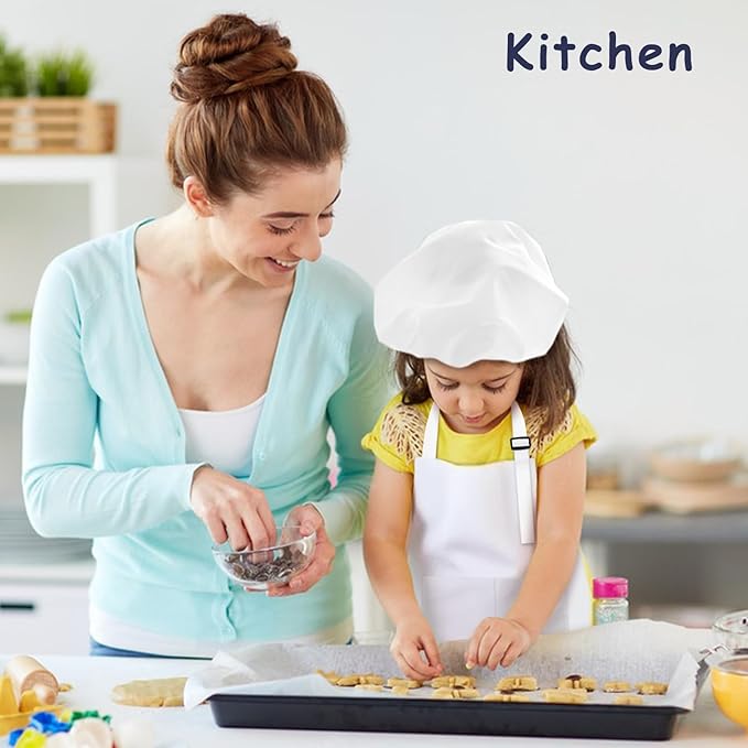 Kids Apron and Chef Hat Set, 30 Pieces Boys Girls Kids Apron with 2 Pockets Adjustable for Cooking Classroom Baking Painting, 6-13 Years, White