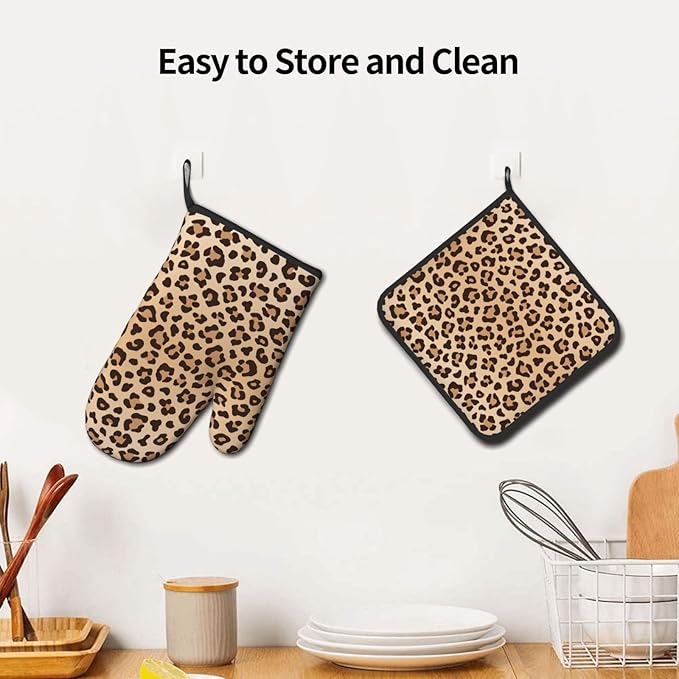 Leopard Print Oven Mitts and Pot Holders Animal Skin Heat Resistant Oven Mitts Safe for Baking Cooking BBQ