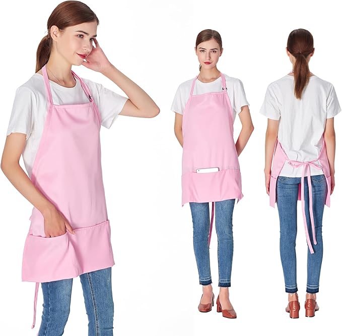 Jubatus 2 Pack 3 Pockets Adjustable Bib Apron Chef Kitchen Cooking Aprons for Women Men, Pink