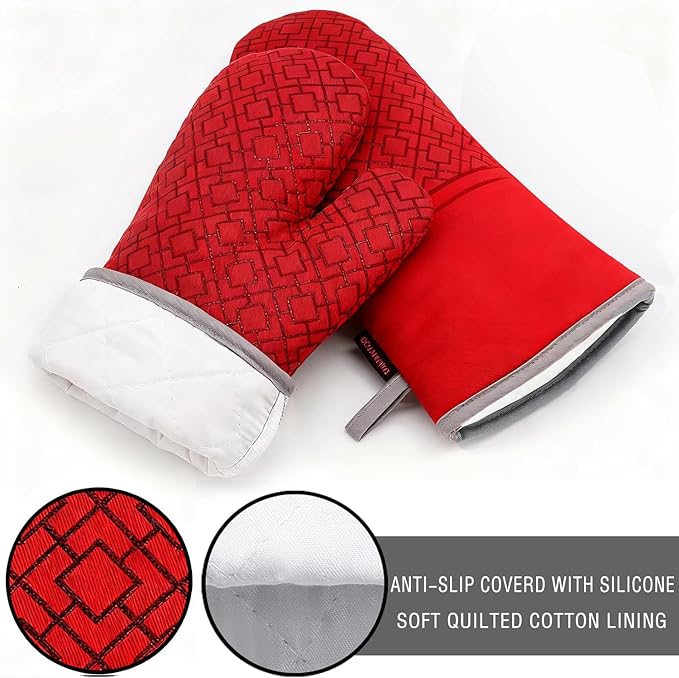 Oven Mitts and Pot Holders Sets 6pcs, Kitchen Oven Glove,High Heat Resistant 550 Degree Extra Long Oven Mitts and Potholders with Non-Slip Silicone Surface for Home Essentials (Grey) (Coral Red)