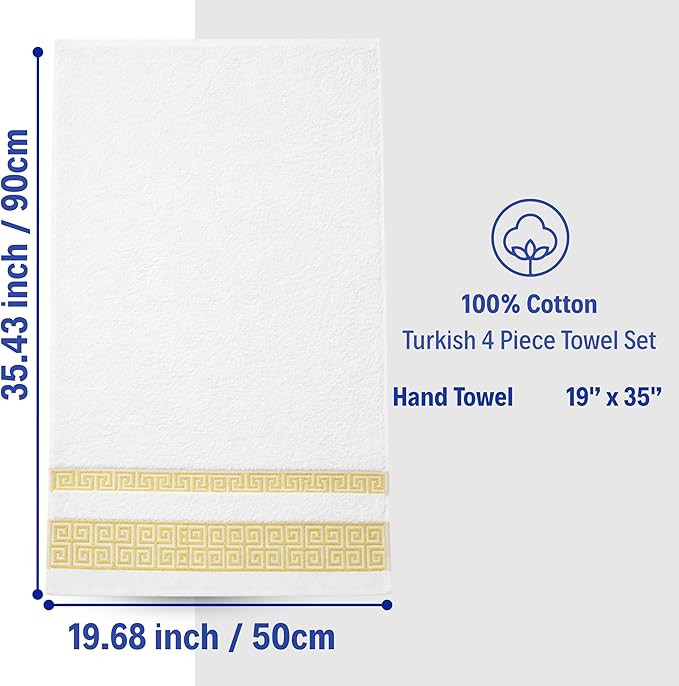 Luxury 4 Piece Hand Towel Set with Greek Key Design - 100% Cotton Soft & Absorbent Bathroom 19x35 in Large Towels - Quick Dry White Hand Towels for Spa, Hotel & Home Use BB2