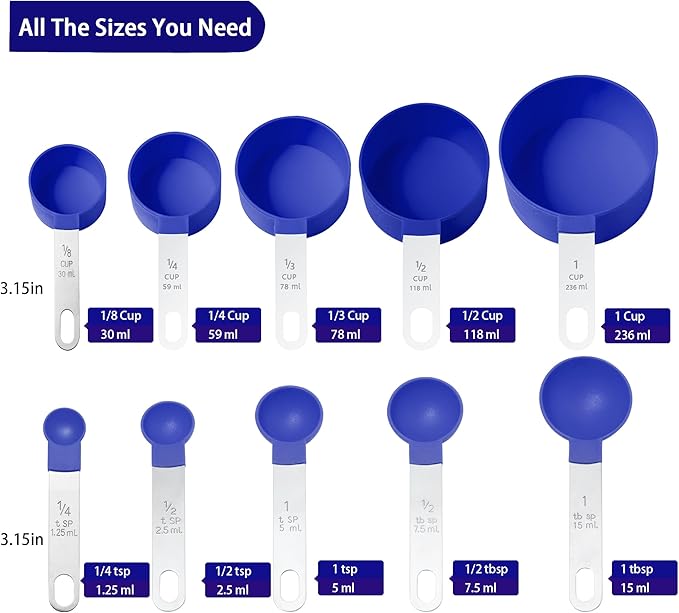 Measuring Cups and Spoons Set of Huygens Kitchen Gadgets 10 Pieces, Stackable Stainless Steel Handle Measuring Cups for Measuring Dry and Liquid Ingredient (Sapphire blue)