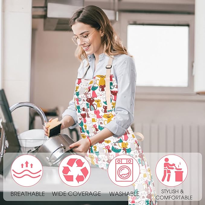 Cute Apron with 2 Pockets for Women, Adjustable Neck Strap and Long Waist Ties Cotton Cooking Baking Aprons, Use as a Kitchen and Chef Apron, Artist or Garden Aprons (Cat)