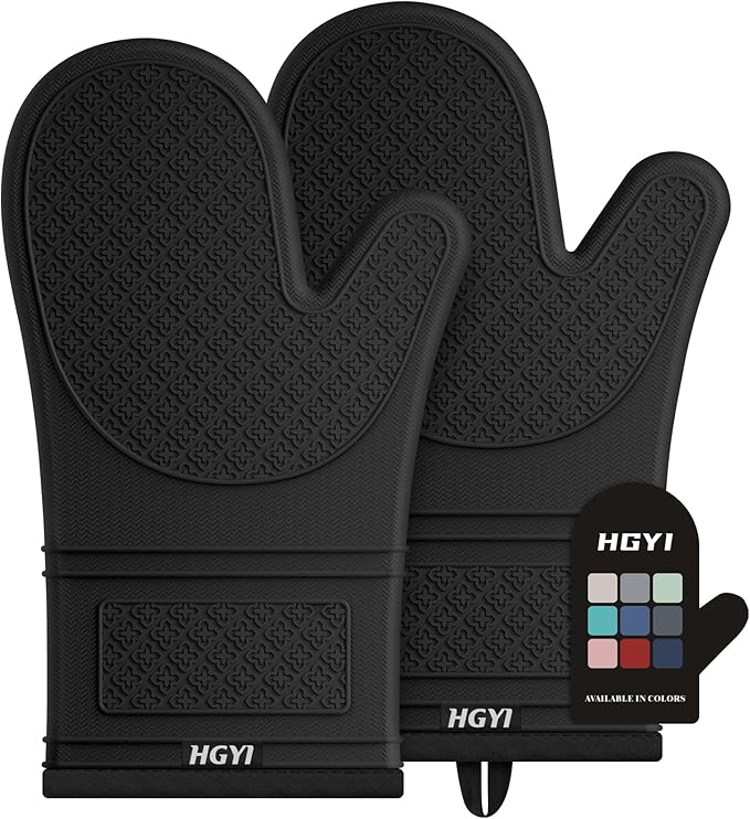 Silicone Oven Mitts, Heat Resistant Oven Gloves with Quilted Liner, Waterproof & Non-Slip Kitchen Mittens for Baking Cooking BBQ, 500°F, 12.5"-Black