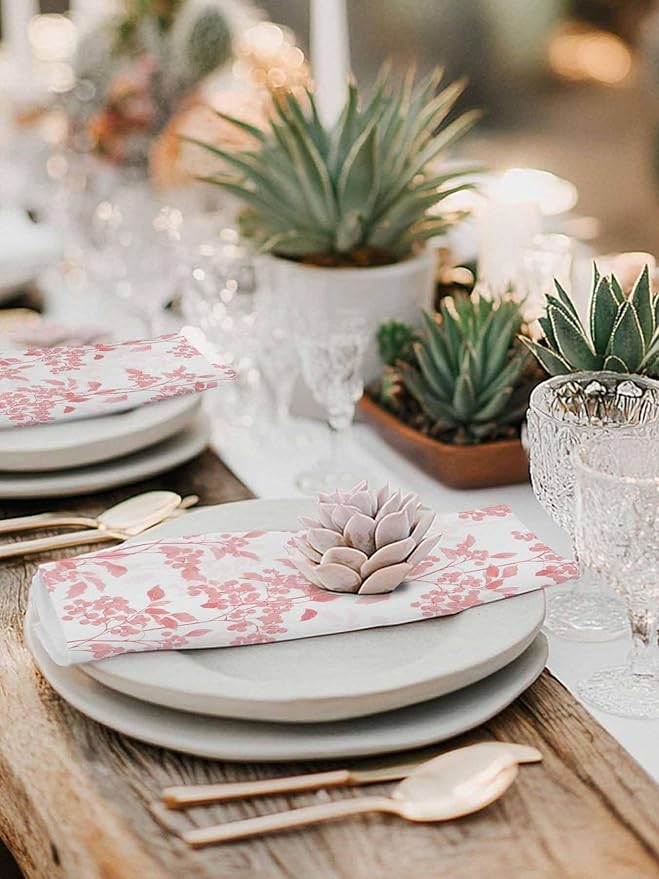 Pink Flower Leaves Cloth Napkins Set of 6 - Washable Dinner Napkins Reusable Table Napkin for Home Party Weeding Dining Table Setting Decoration,Oversized Grey Modern Pastel White Floral Spring Summer