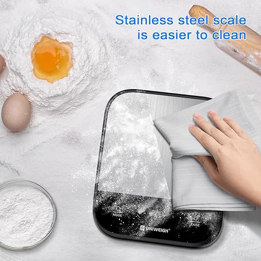 UNIWEIGH Food Scales for Kitchen,Digital Scale Grams and Ounces for Food Weight,Baking,Cooking,Meal Prep,Small Kitchen Scales with 7 Weighing Units/LED Display/Tare Function,Stainless Steel,Black